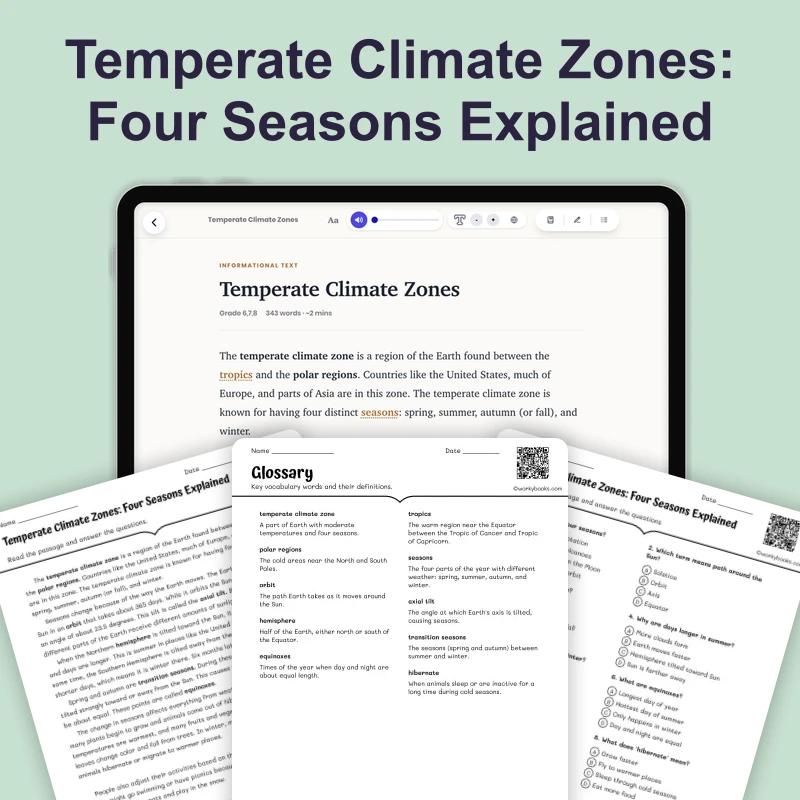 Temperate Climate Zones — science — reading comprehension for Grade 5, Grade 6, Grade 7, Grade 8, page 1 of 1