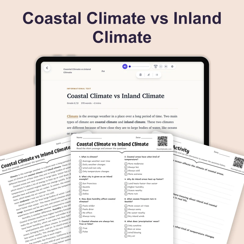 Coastal vs. Inland Climate — science — reading comprehension for Grade 5, Grade 6, Grade 7, Grade 8, page 1 of 1