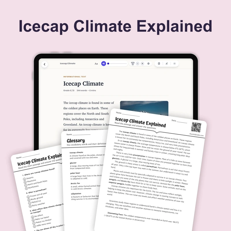 Icecap Climate — science — reading comprehension for Grade 5, Grade 6, Grade 7, Grade 8, page 1 of 1