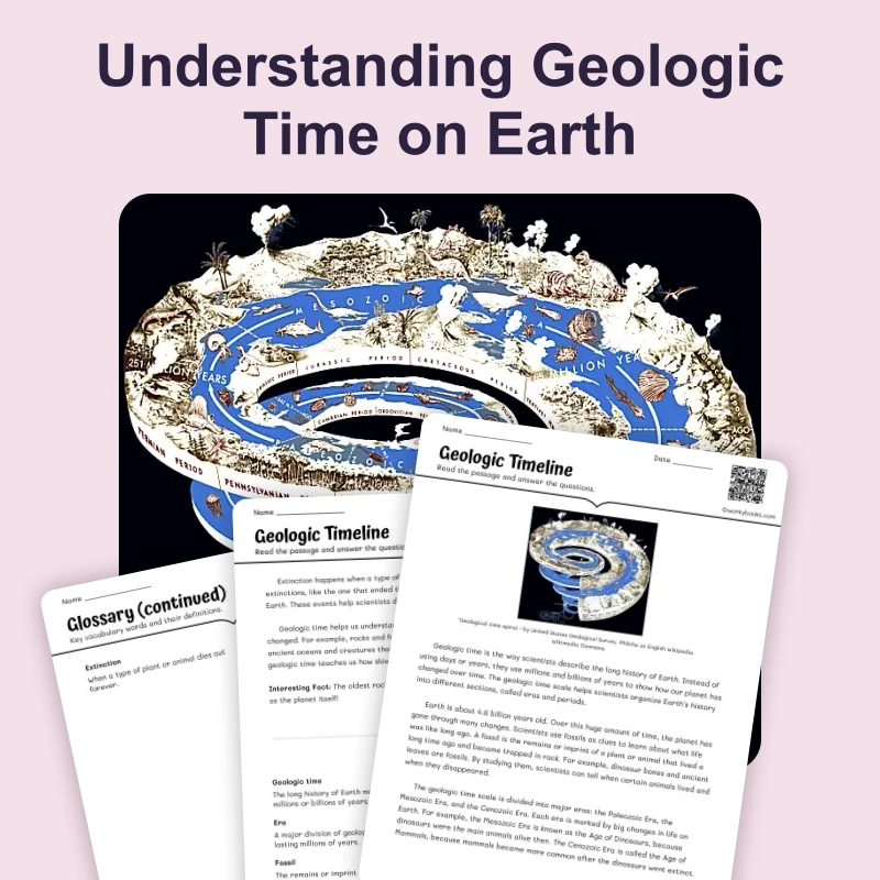 Geologic Timeline — science — reading comprehension for Grade 3, Grade 4, Grade 5, Grade 6, page 1 of 4
