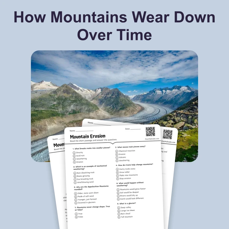 Mountain Erosion — science — reading comprehension for Grade 3, Grade 4, Grade 5, Grade 6, page 1 of 4