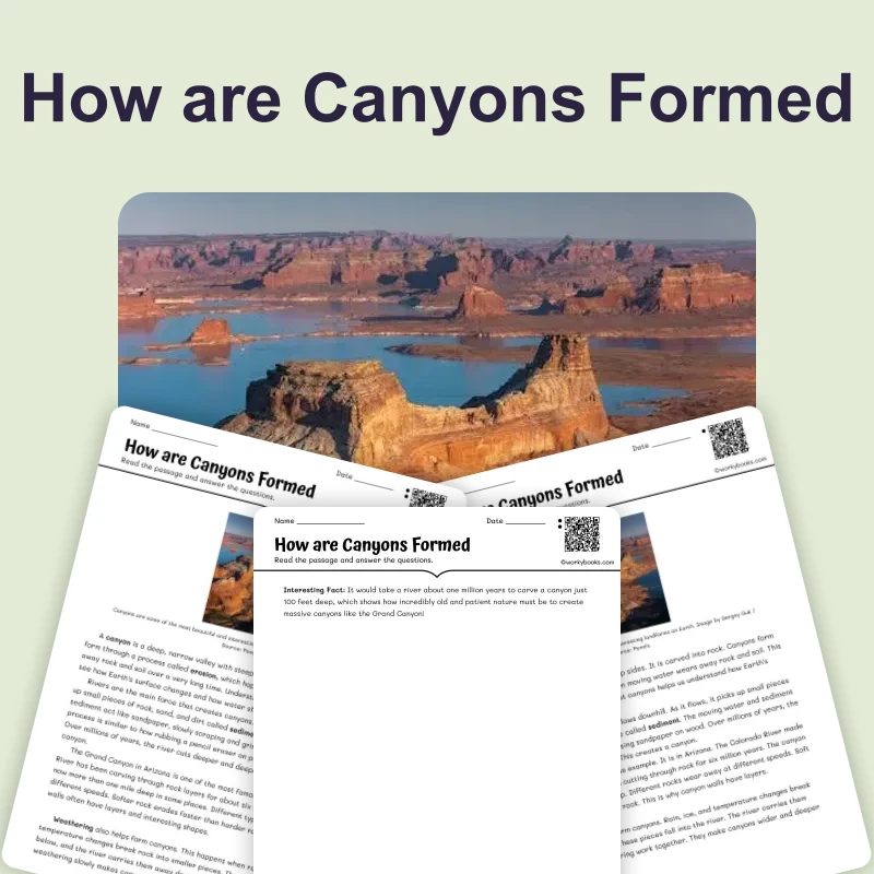 How are Canyons Formed — science — reading comprehension for Grade 3, Grade 4, Grade 5, Grade 6, page 1 of 4