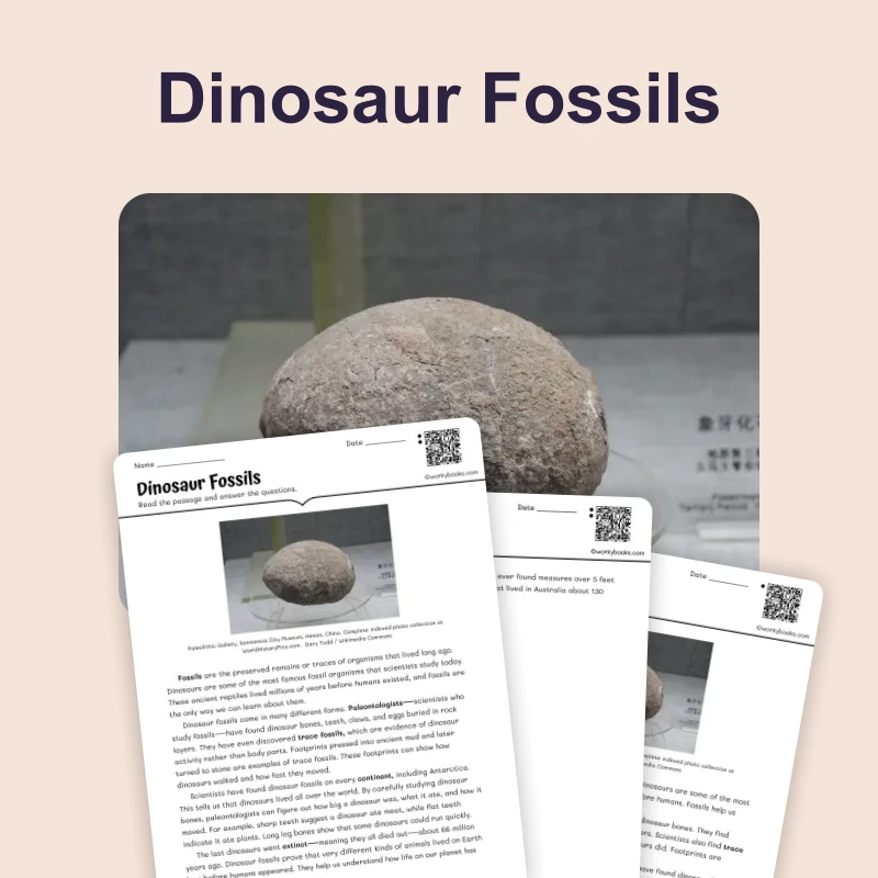 Dinosaur Fossils — science — reading comprehension for Grade 3, Grade 4, Grade 5, Grade 6, page 1 of 4