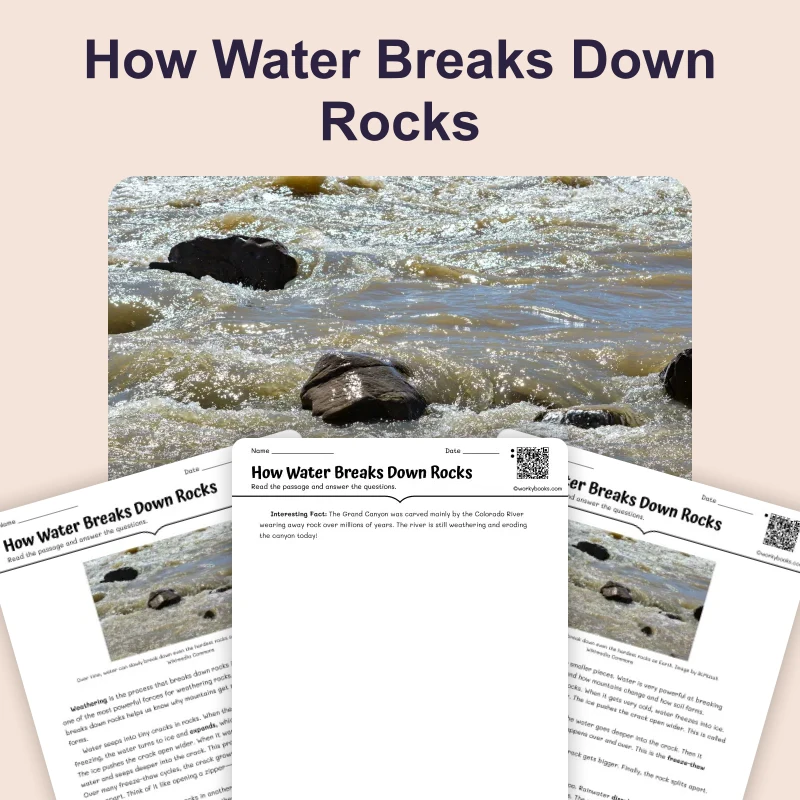 How Water Breaks Down Rocks — science — reading comprehension for Grade 3, Grade 4, Grade 5, Grade 6, page 1 of 4