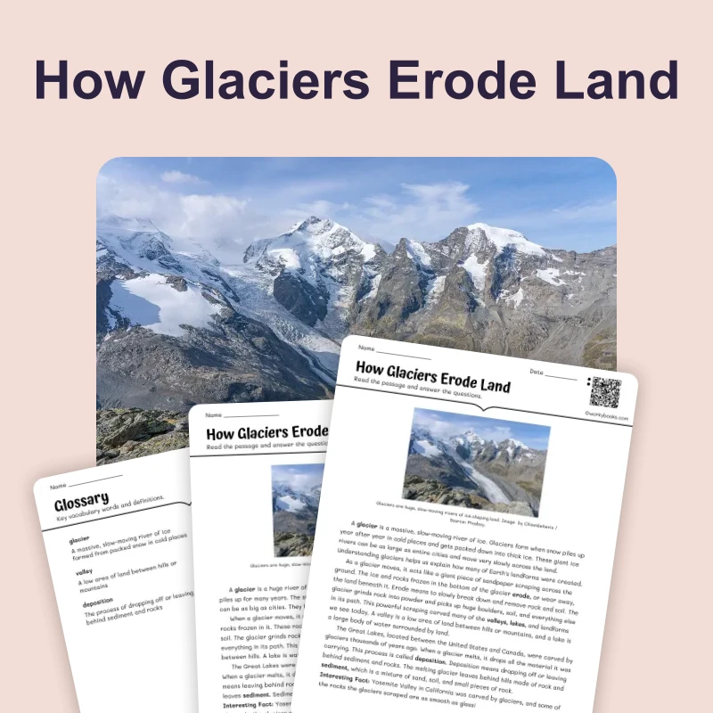 How Glaciers Erode Land — science — reading comprehension for Grade 3, Grade 4, Grade 5, Grade 6, page 1 of 4