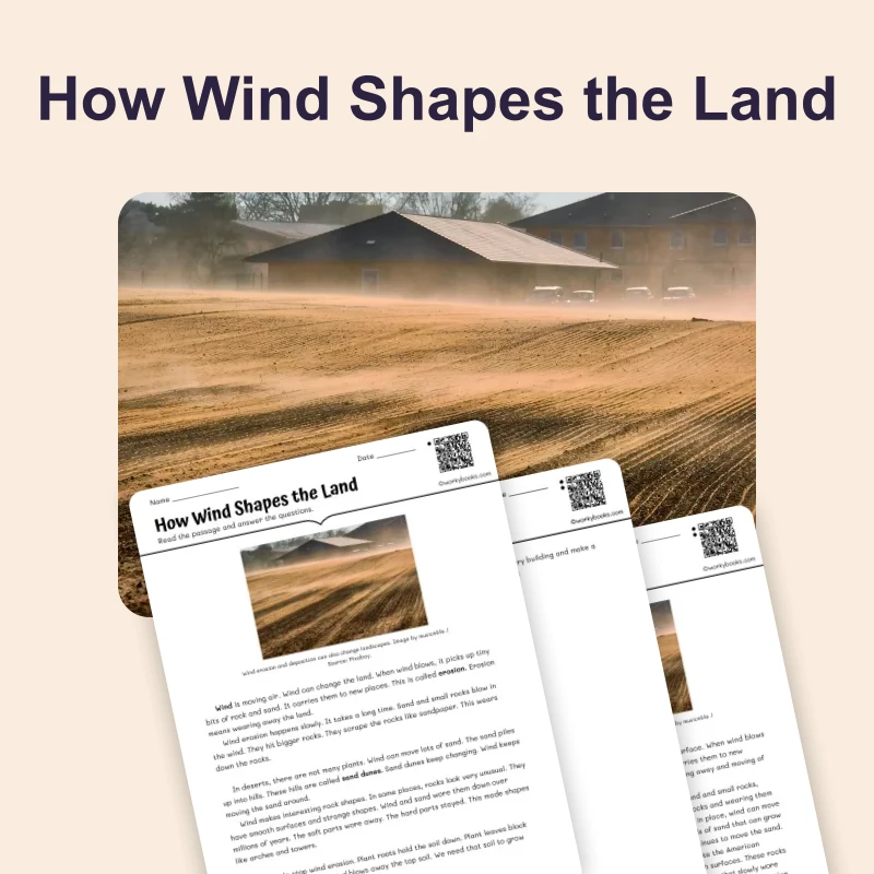 Wind Erosion — science — reading comprehension for Grade 3, Grade 4, Grade 5, Grade 6, page 1 of 4