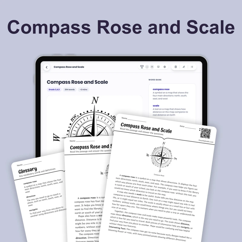 Compass Rose and Scale — science — reading comprehension for Grade 3, Grade 4, Grade 5, page 1 of 4