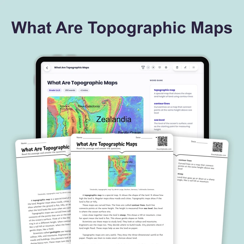What Are Topographic Maps — science — reading comprehension for Grade 3, Grade 4, Grade 5, page 1 of 4