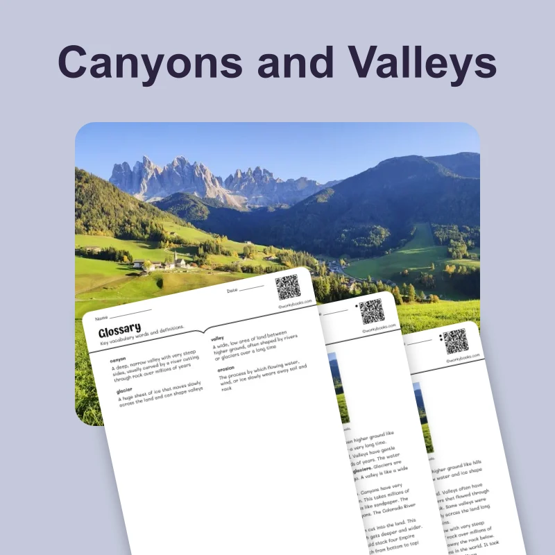 Canyons and Valleys — science — reading comprehension for Grade 3, Grade 4, Grade 5, page 1 of 4