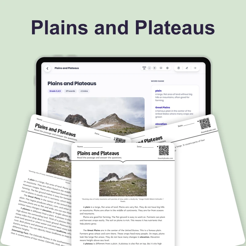 Plains and Plateaus — science — reading comprehension for Grade 3, Grade 4, Grade 5, page 1 of 4