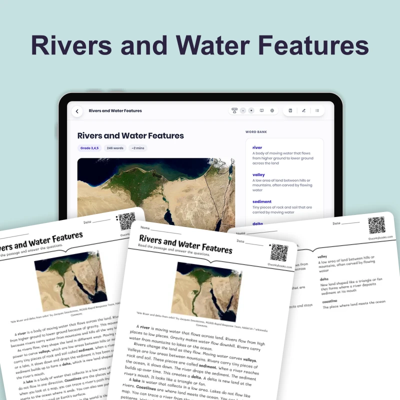 Rivers and Water Features — science — reading comprehension for Grade 3, Grade 4, Grade 5, page 1 of 4