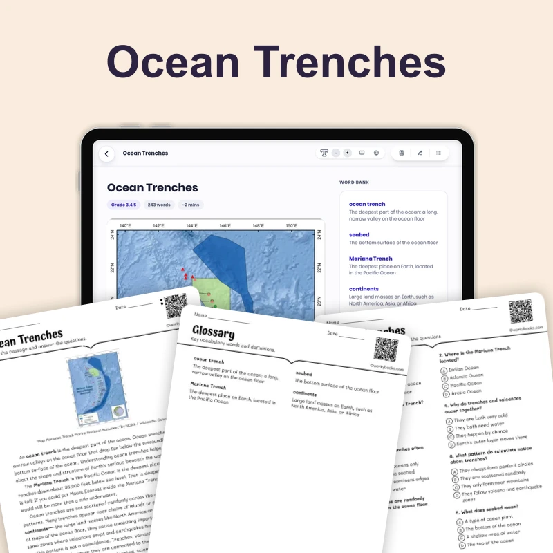 Ocean Trenches — science — reading comprehension for Grade 3, Grade 4, Grade 5, page 1 of 4