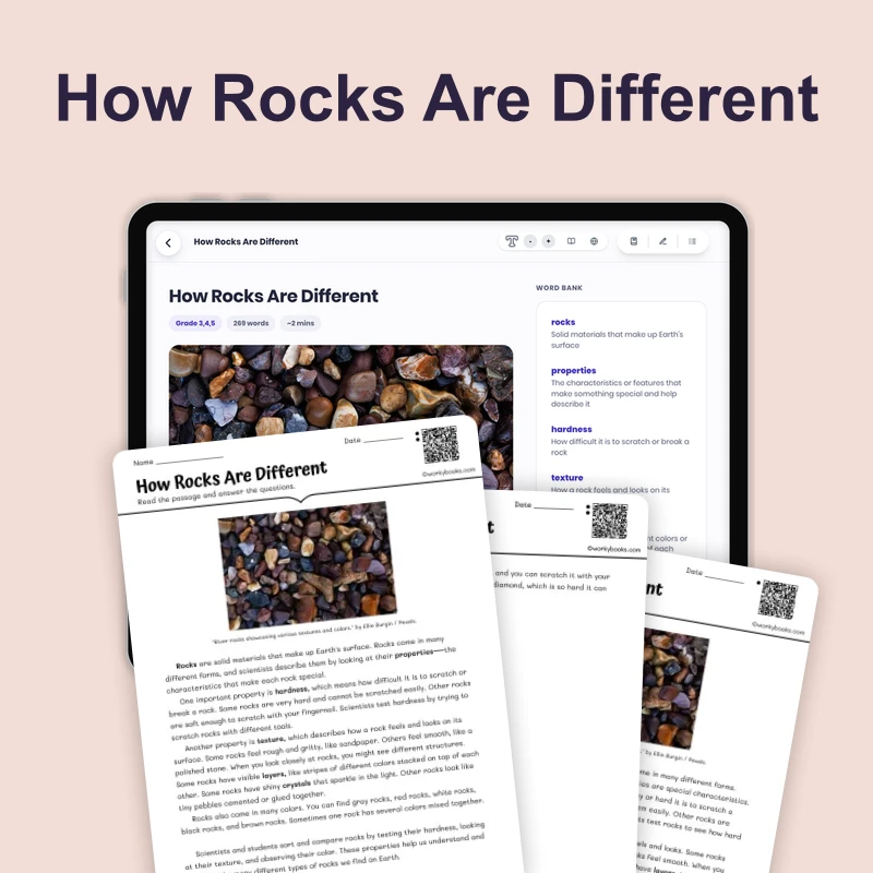 How Rocks Are Different — science — reading comprehension for Grade 3, Grade 4, Grade 5, page 1 of 4