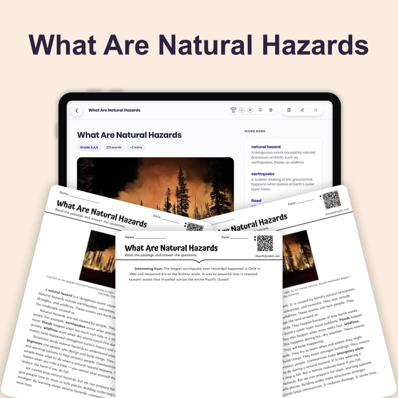 What Are Natural Hazards — science — reading comprehension for Grade 3, Grade 4, Grade 5, page 1 of 4