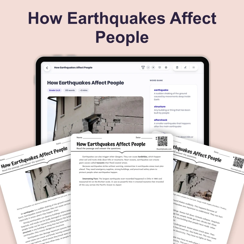 How Earthquakes Affect People — science — reading comprehension for Grade 3, Grade 4, Grade 5, page 1 of 4