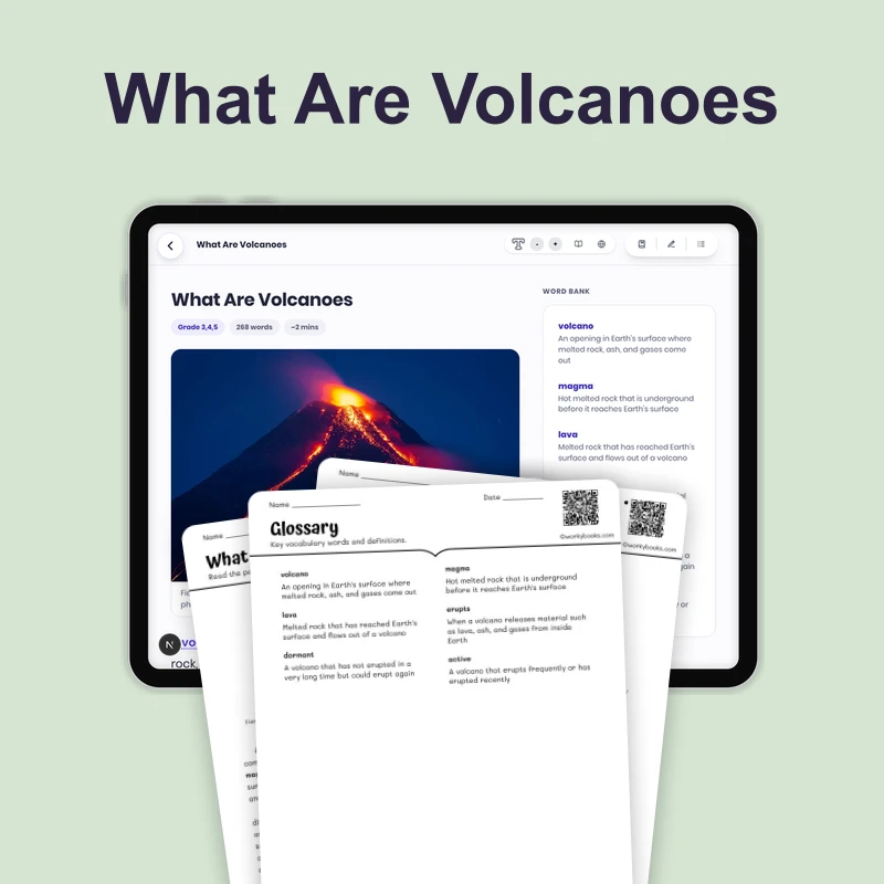What Are Volcanoes — science — reading comprehension for Grade 3, Grade 4, Grade 5, page 1 of 4