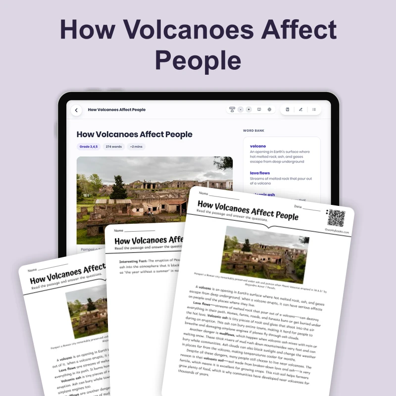 How Volcanoes Affect People — science — reading comprehension for Grade 3, Grade 4, Grade 5, page 1 of 4