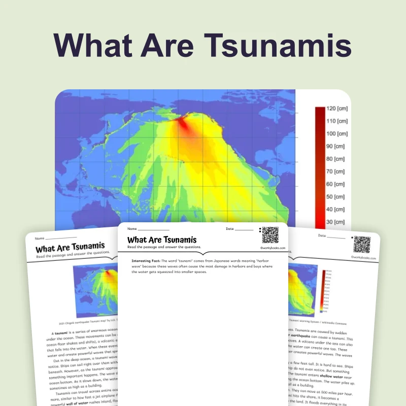 What Are Tsunamis — science — reading comprehension for Grade 3, Grade 4, Grade 5, page 1 of 4