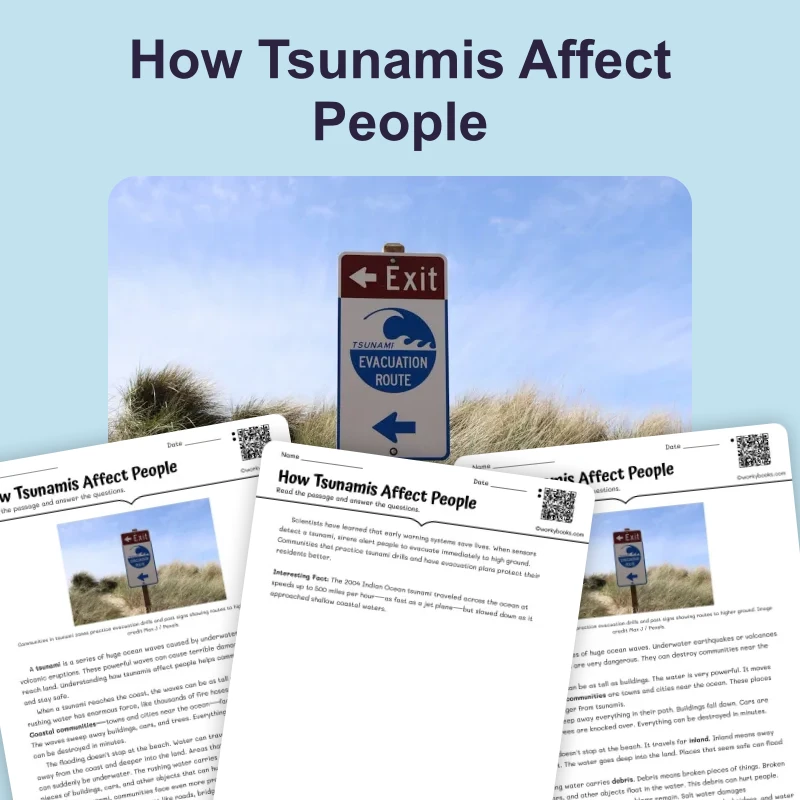 How Tsunamis Affect People — science — reading comprehension for Grade 3, Grade 4, Grade 5, page 1 of 4
