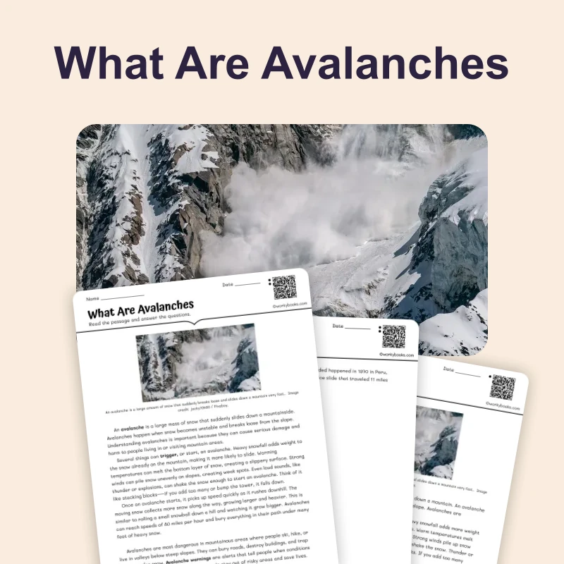 What Are Avalanches — science — reading comprehension for Grade 3, Grade 4, Grade 5, page 1 of 4
