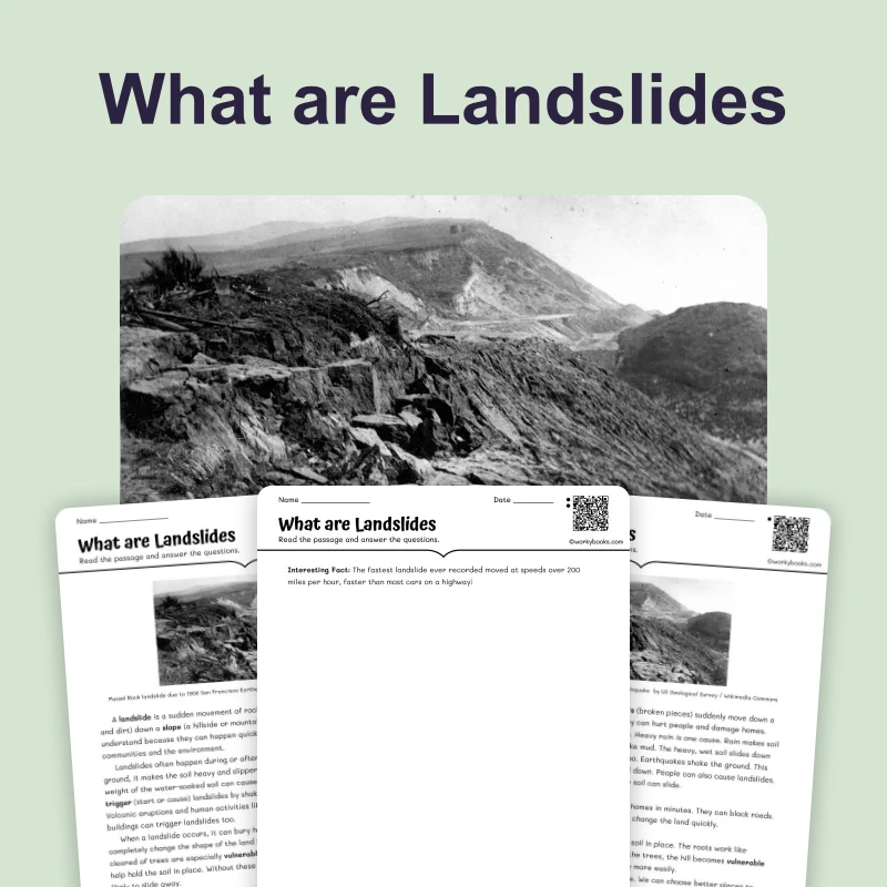 What are Landslides — science — reading comprehension for Grade 3, Grade 4, Grade 5, page 1 of 4