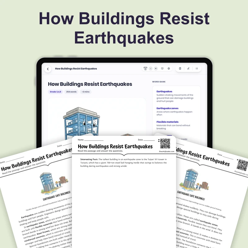 How Buildings Resist Earthquakes — science — reading comprehension for Grade 3, Grade 4, Grade 5, page 1 of 4