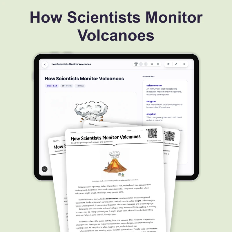 How Scientists Monitor Volcanoes — science — reading comprehension for Grade 3, Grade 4, Grade 5, page 1 of 4