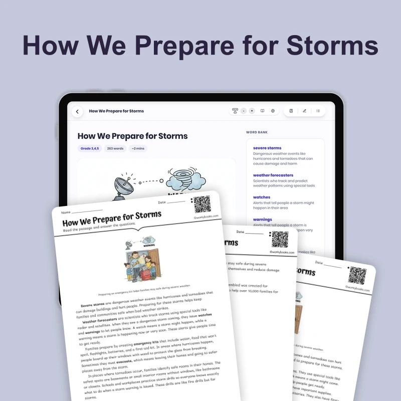 How We Prepare for Storms — science — reading comprehension for Grade 3, Grade 4, Grade 5, page 1 of 4