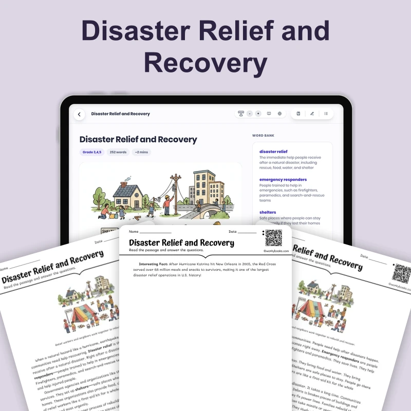 Disaster Relief and Recovery — science — reading comprehension for Grade 3, Grade 4, Grade 5, page 1 of 4