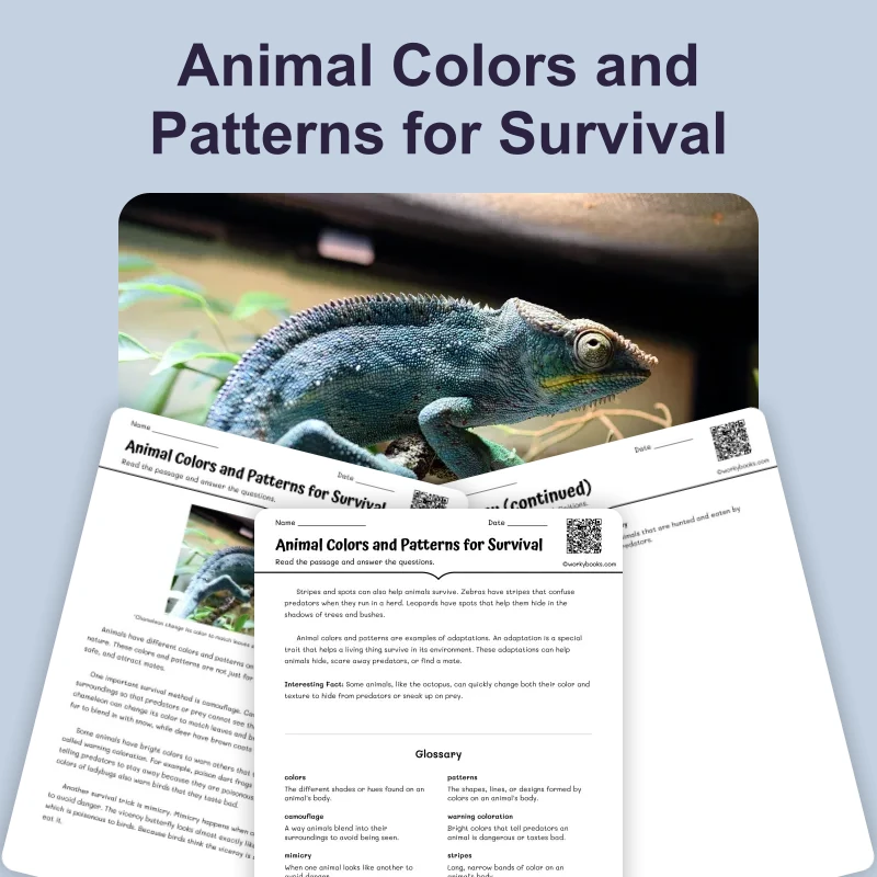 Animal Colors Help Them Survive — ela — reading comprehension for Grade 3, Grade 4, Grade 5, Grade 6, page 1 of 4