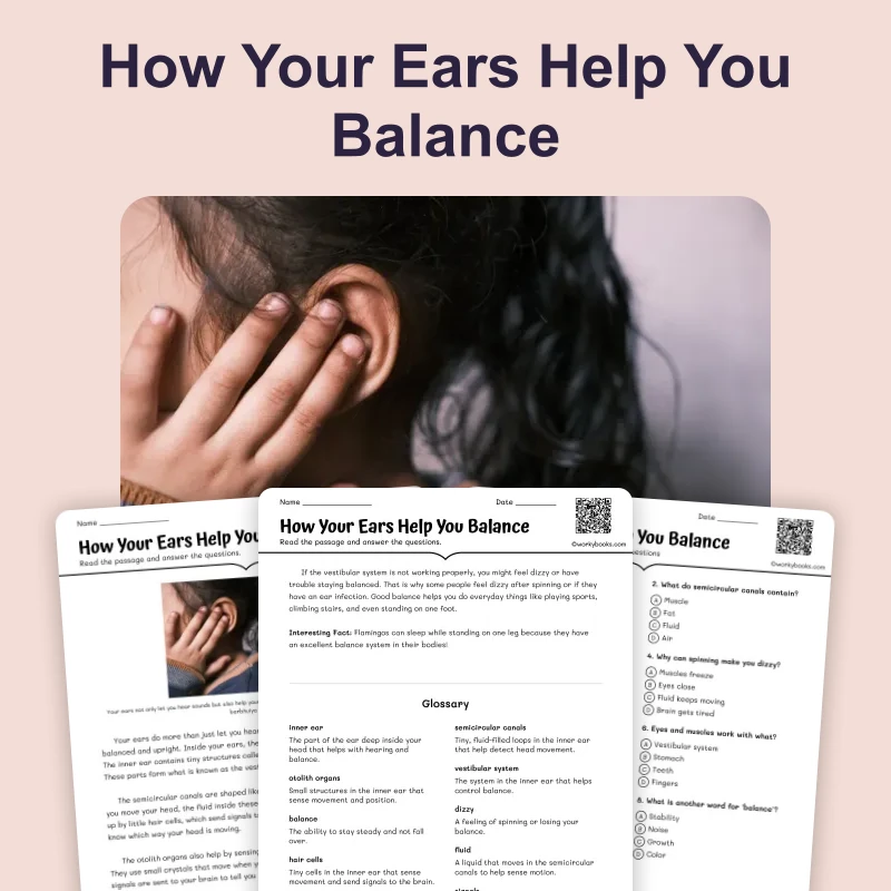 Your Ears Help You Balance — science — reading comprehension for Grade 3, Grade 4, Grade 5, Grade 6, page 1 of 4