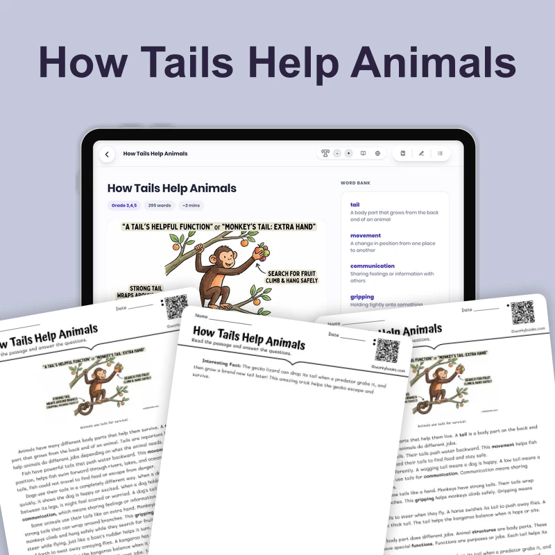 How Tails Help Animals — science — reading comprehension for Grade 3, Grade 4, Grade 5, page 1 of 4