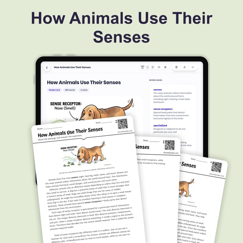 How Animals Use Their Senses — science — reading comprehension for Grade 3, Grade 4, Grade 5, page 1 of 4