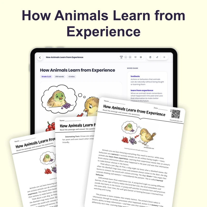 How Animals Learn from Experience — science — reading comprehension for Grade 3, Grade 4, Grade 5, page 1 of 4