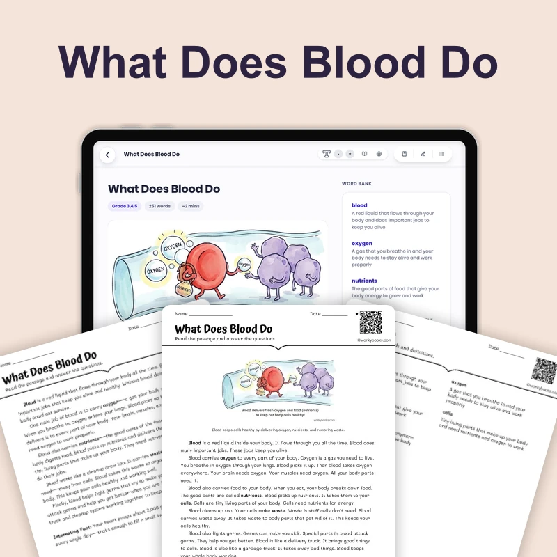 What Does Blood Do — science — reading comprehension for Grade 3, Grade 4, Grade 5, page 1 of 4