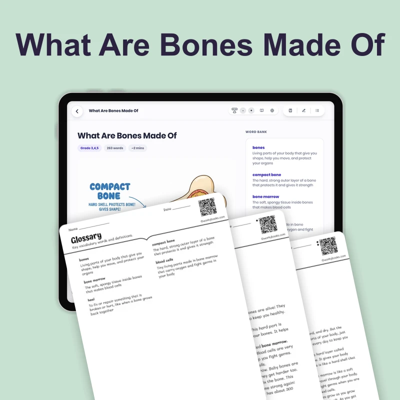 What Are Bones Made Of — science — reading comprehension for Grade 3, Grade 4, Grade 5, page 1 of 4