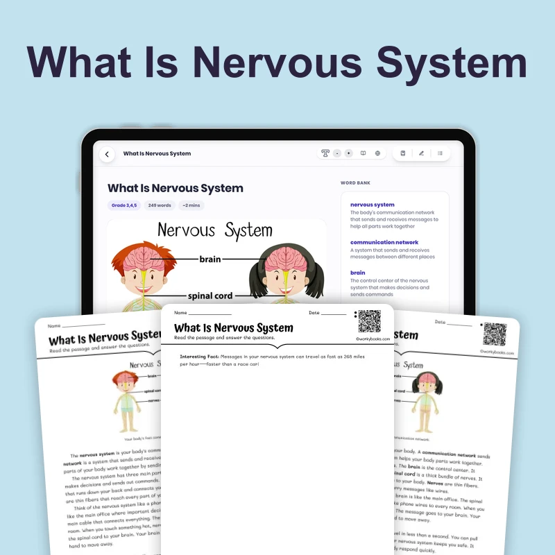 What Is Nervous System — science — reading comprehension for Grade 3, Grade 4, Grade 5, page 1 of 4
