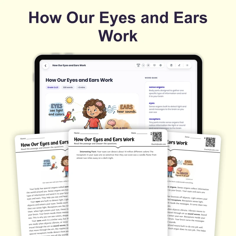 How Our Eyes and Ears Work — science — reading comprehension for Grade 3, Grade 4, Grade 5, page 1 of 4