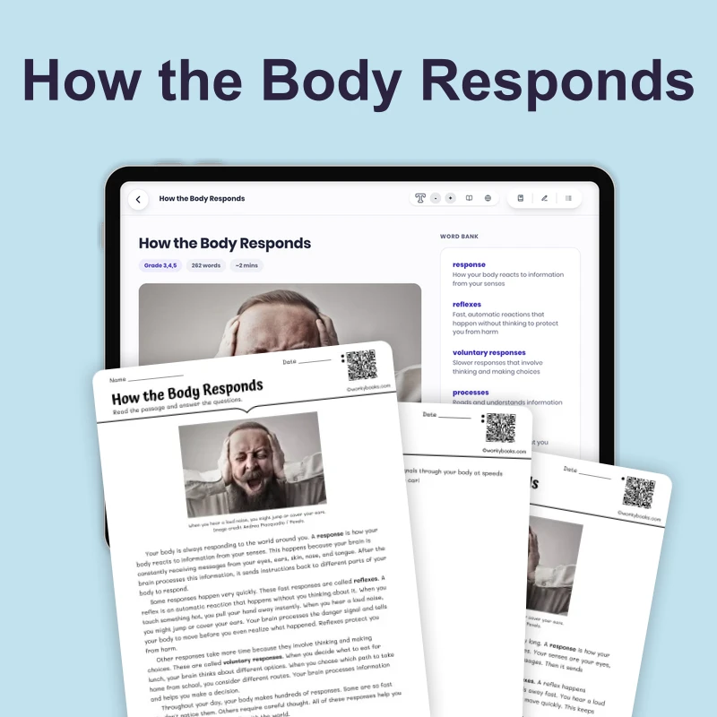 How the Body Responds — science — reading comprehension for Grade 3, Grade 4, Grade 5, page 1 of 4