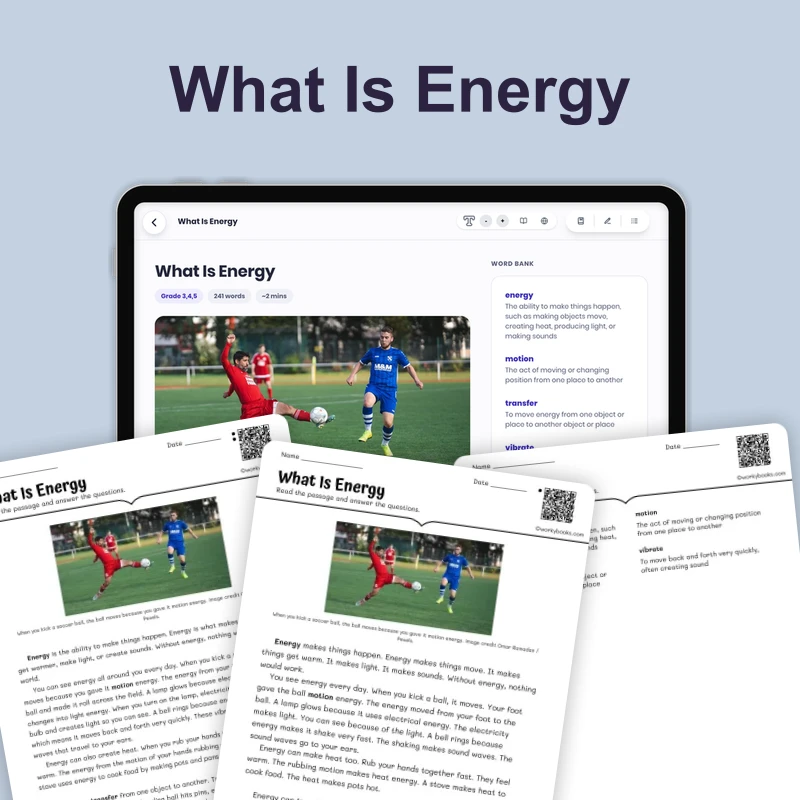 What Is Energy — science — reading comprehension for Grade 3, Grade 4, Grade 5, page 1 of 4