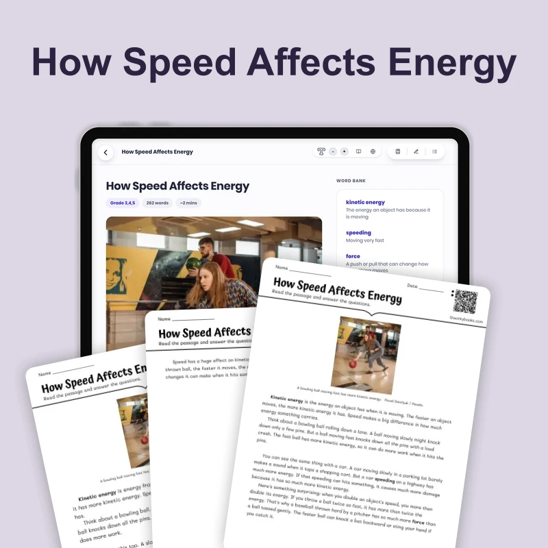 How Speed Affects Energy — science — reading comprehension for Grade 3, Grade 4, Grade 5, page 1 of 4