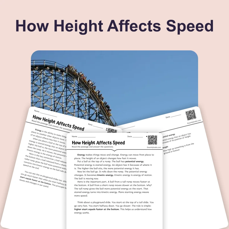 How Height Affects Speed — science — reading comprehension for Grade 3, Grade 4, Grade 5, page 1 of 4