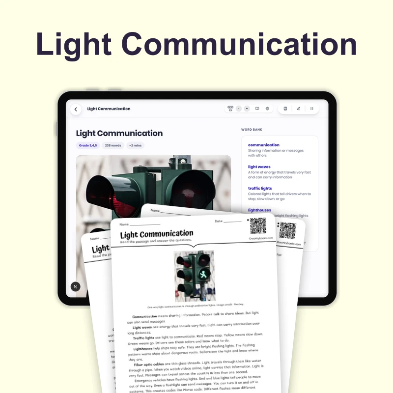 Light Communication — science — reading comprehension for Grade 3, Grade 4, Grade 5, page 1 of 4