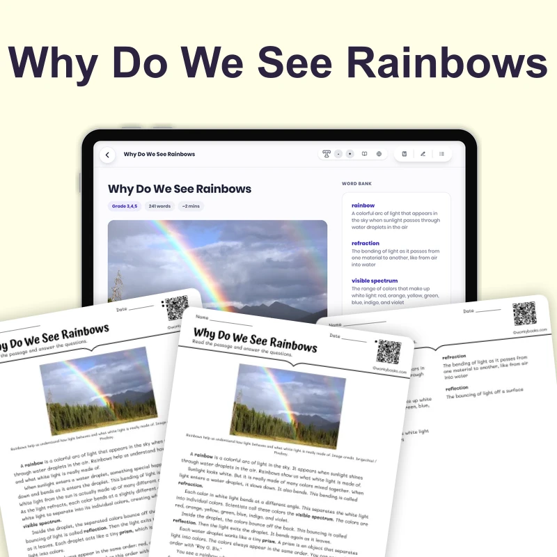 Why Do We See Rainbows — science — reading comprehension for Grade 3, Grade 4, Grade 5, page 1 of 4