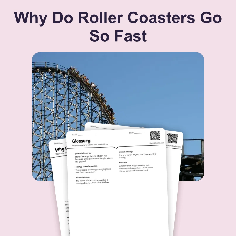 Why Do Roller Coasters Go So Fast — science — reading comprehension for Grade 3, Grade 4, Grade 5, page 1 of 4