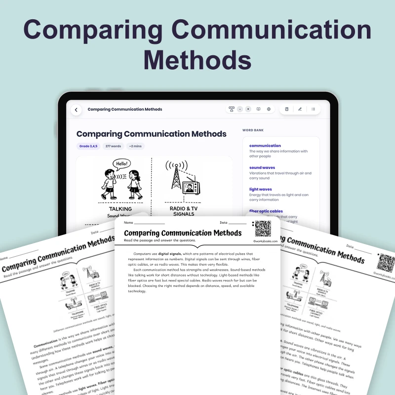 Comparing Communication Methods — science — reading comprehension for Grade 3, Grade 4, Grade 5, page 1 of 4