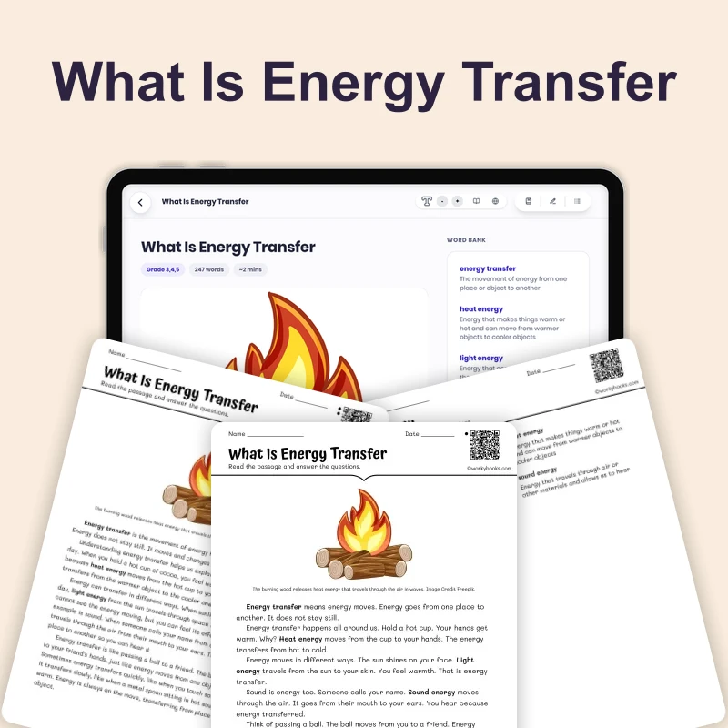 What Is Energy Transfer — science — reading comprehension for Grade 3, Grade 4, Grade 5, page 1 of 4