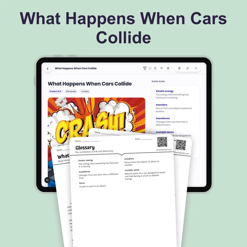 What Happens When Cars Collide — science — reading comprehension for Grade 3, Grade 4, Grade 5, page 1 of 4