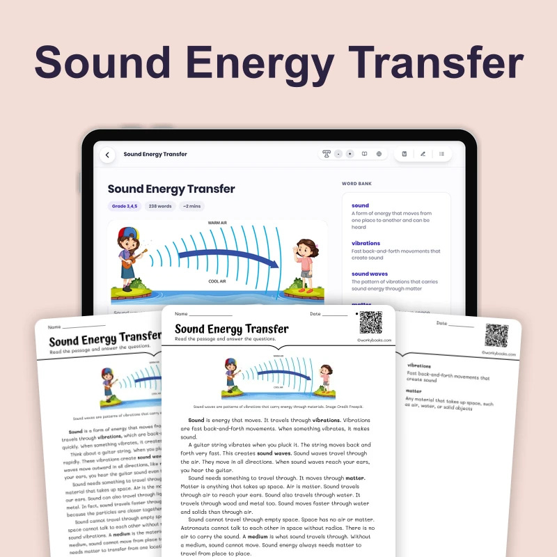 Sound Energy Transfer — science — reading comprehension for Grade 3, Grade 4, Grade 5, page 1 of 4