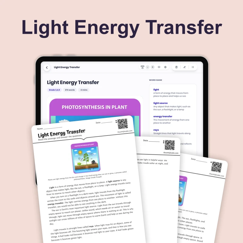 Light Energy Transfer — science — reading comprehension for Grade 3, Grade 4, Grade 5, page 1 of 4